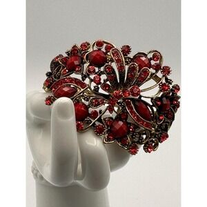 Vintage Hinged Cuff Bracelet Red Dragonfly Embellished Rhinestone Gold Tone Cuff